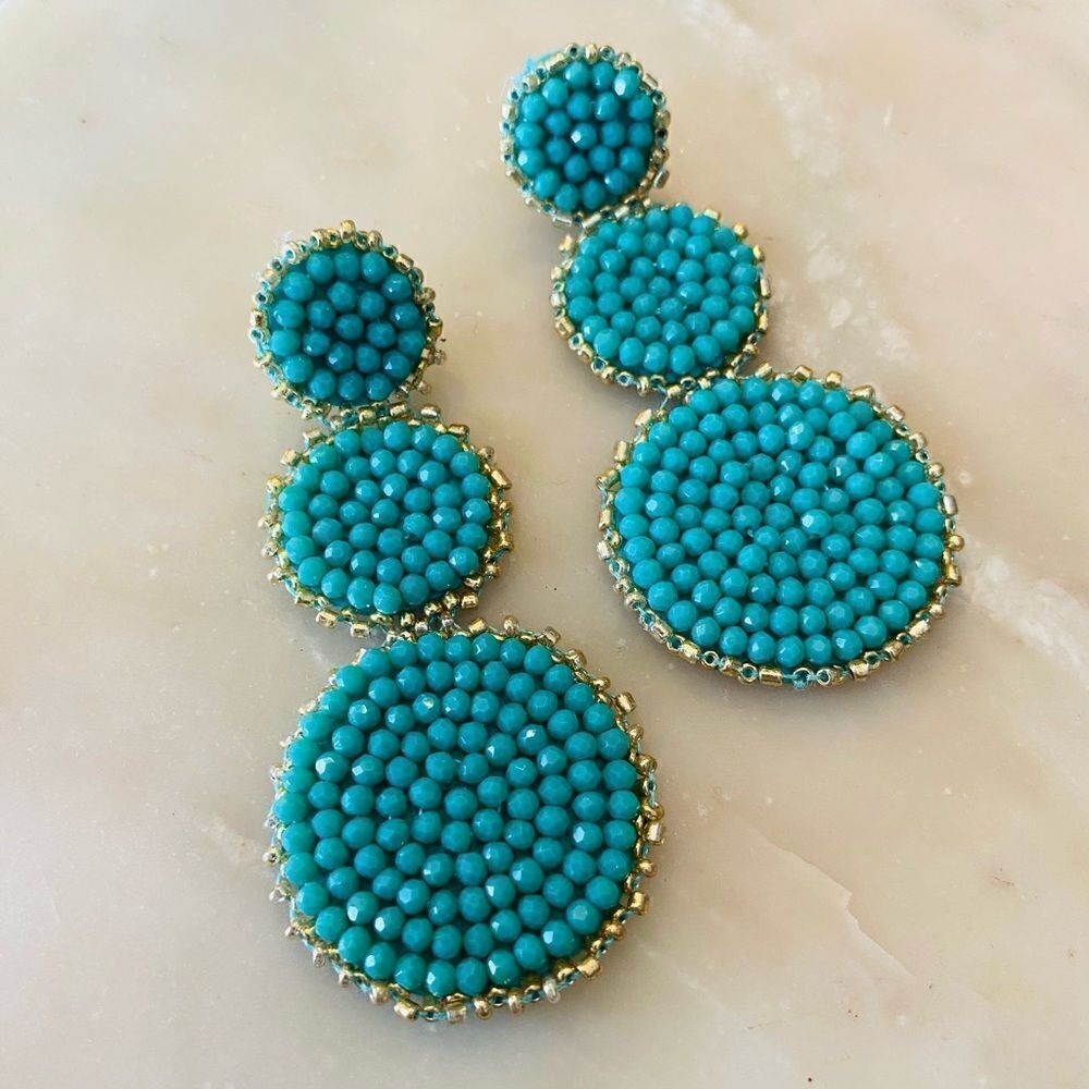 Linked Beaded Round Drop Earrings Emerald Green